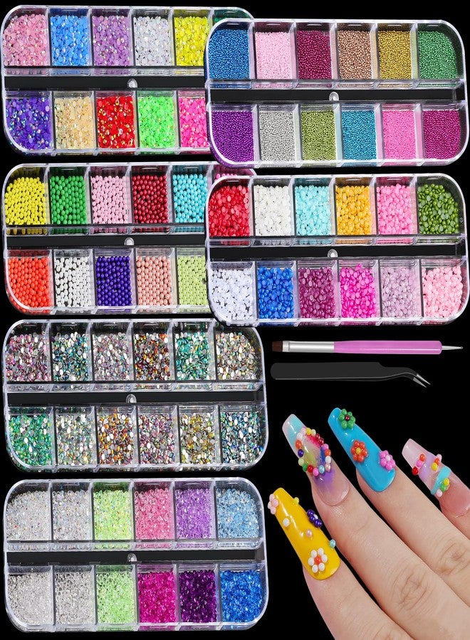 editTime 6 Boxes Nail Gems and Rhinestones for Nail Art, Flatback Jelly Laser AB Rhinestones Macaron Micro Nail Bubble Beads Pink White Pearls Pointed Nail Crystal Mini Nail Accessories for Women Nail Design - Image 1